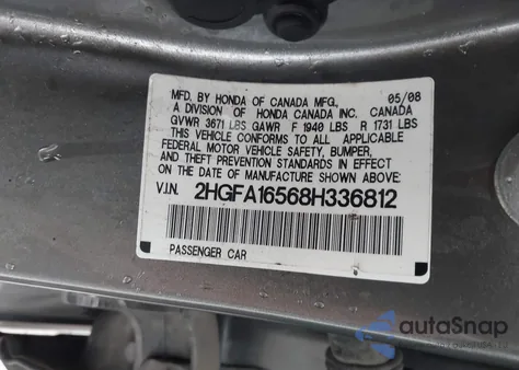 2008 Honda Civic Lx z USA, uszkodzony, nr VIN 2HGFA16568H336812